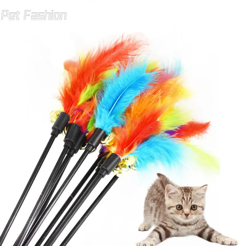 1/5pcs Funny Kitten Cat Teaser Interactive Toy Rod with Bell Feather Toys For Pet Cats Stick Wire Chaser Wand Toy Random Color