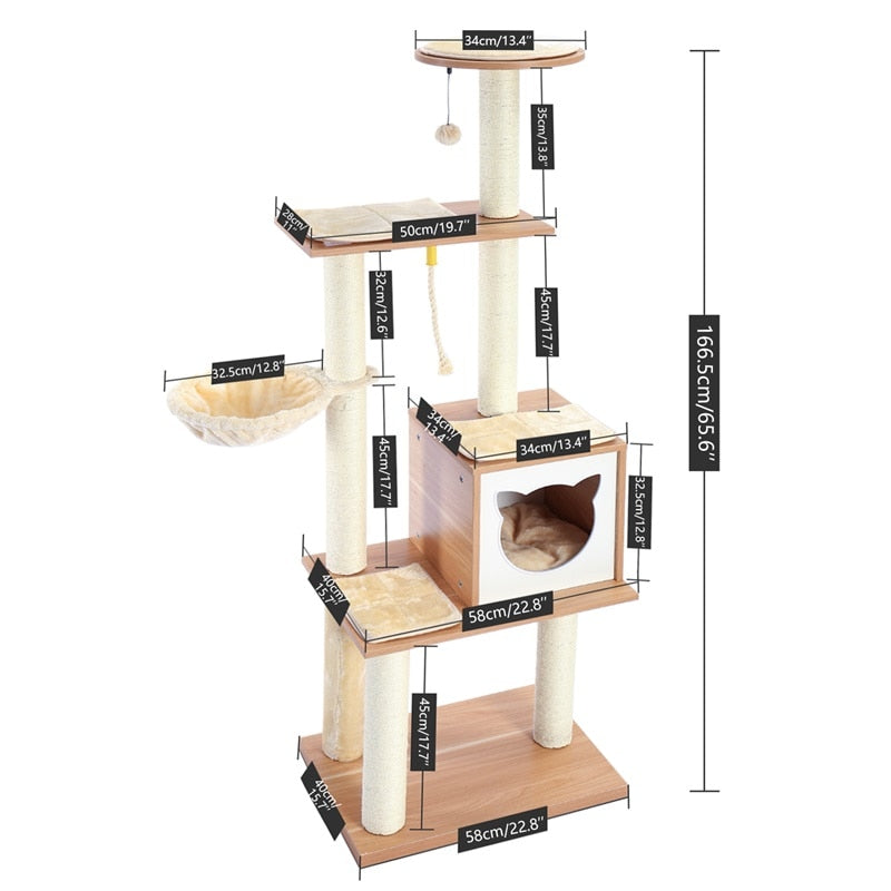 Modern Multilevel Cat Tree Scratching Sisal Posts Wooden Cat Towel Climbing Frame with Cozy Condos Luxury Nest