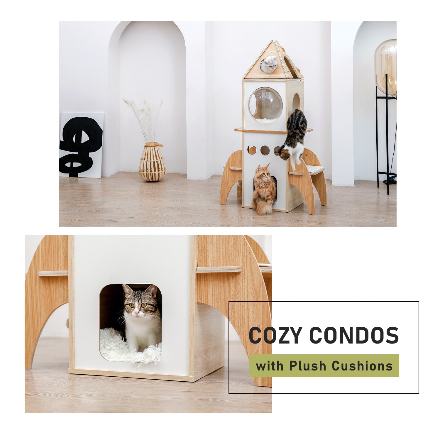 Modern Multilevel Cat Tree Scratching Sisal Posts Wooden Cat Towel Climbing Frame with Cozy Condos Luxury Nest