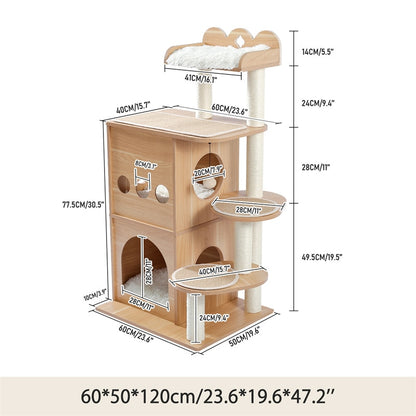 Modern Multilevel Cat Tree Scratching Sisal Posts Wooden Cat Towel Climbing Frame with Cozy Condos Luxury Nest